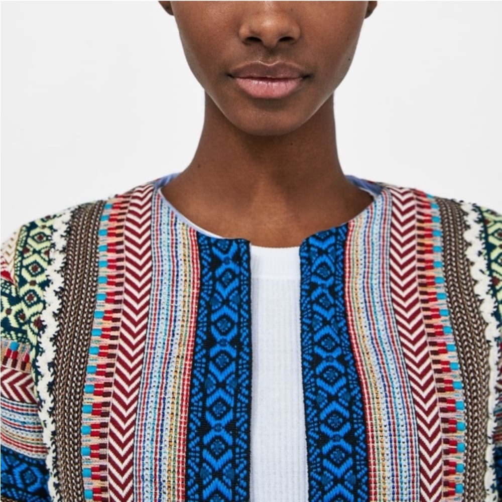 Zara Women Striped Embroidered Ribbon Braided Fringe Tapestry Jacket Sz L - Picture 6 of 9